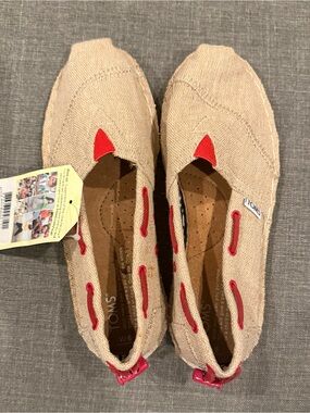 Toms Beige Canvas Slip-On Sneakers with Red Accents